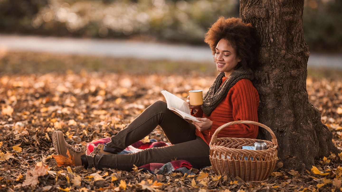 Woman lies in the autumn reading a book