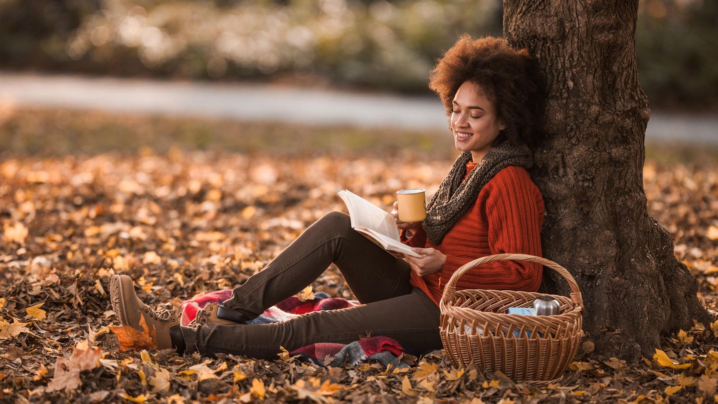 Bücher für den Herbst Frau liest im Herbst ein Buch