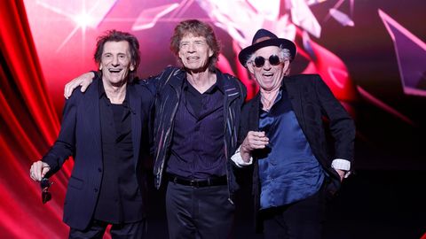 Die Rolling Stones bei der Vorstellung ihrer neuen Platte "Hackney Diamonds", v.l.: Ron Wood, Mick Jagger, Keith Richards