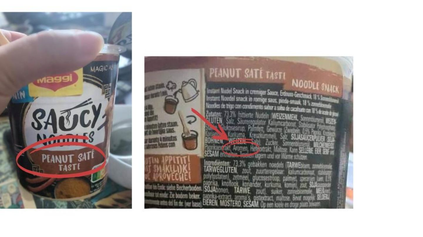Die Zutatenliste der Nudeln "Peanut Saté Taste" enthält keine Erdnüsse Die Zutatenliste der Nudeln "Peanut Saté Taste" enthält keine Erdnüsse