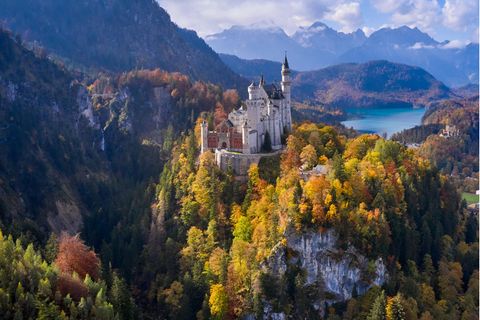 Blick auf Schloss Neuschwantsein – eingebettet in die Herbslandschaft vor Bäumen und Bergen