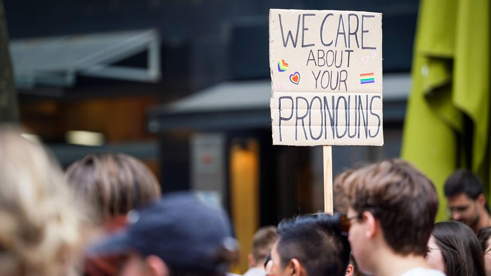 CSD Pride Rainbowwashing Köln "We care about your pronouns", steht auf einem Plakat auf der CSD-Parade in Köln