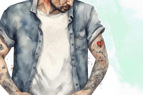 Ein Mann mit tätowierten Oberarmen trägt ein weißes Shirt und Jeanshemd