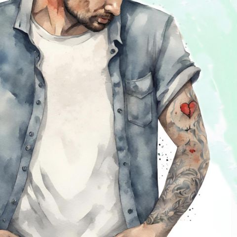 Ein Mann mit tätowierten Oberarmen trägt ein weißes Shirt und Jeanshemd Ein Mann mit tätowierten Oberarmen trägt ein weißes Shirt und Jeanshemd