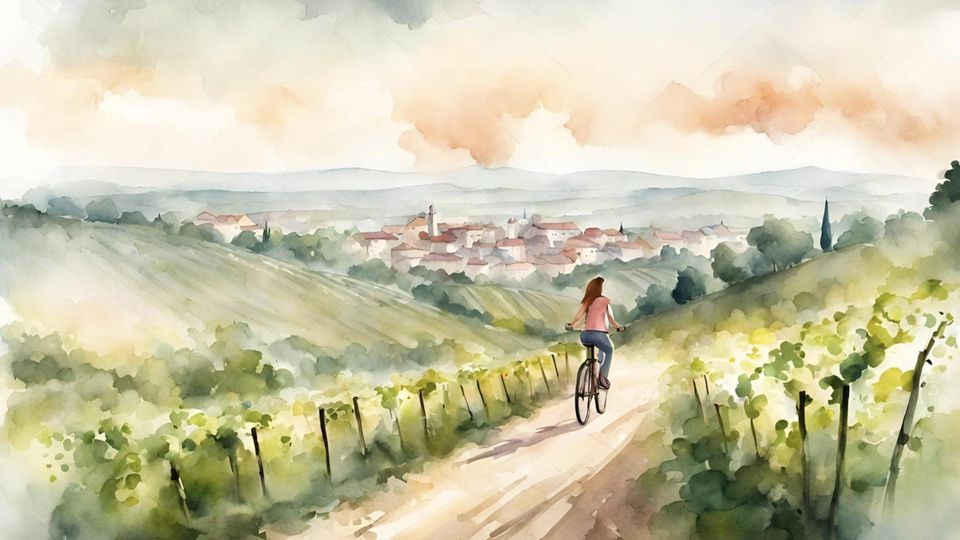 Eine Frau fährt auf ihrem Fahrrad an einem Weinberg entlang