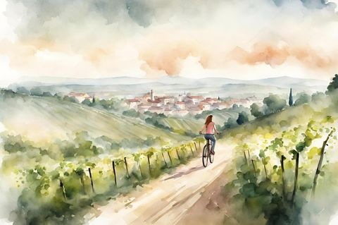 Eine Frau fährt auf ihrem Fahrrad an einem Weinberg entlang