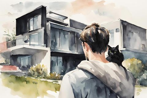 Ein Mann mit einer schwarzen Katze auf der Schulter schaut auf ein Haus