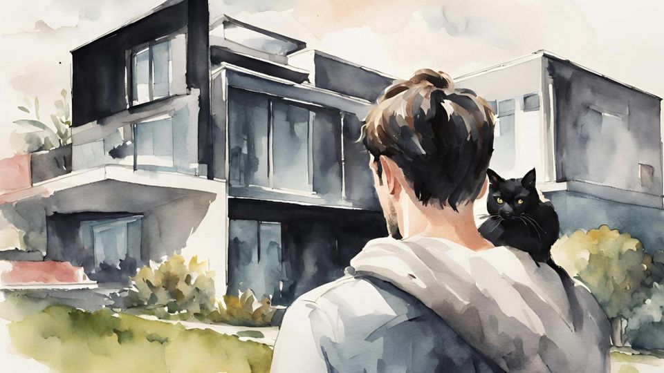 Ein Mann mit einer schwarzen Katze auf der Schulter schaut auf ein Haus