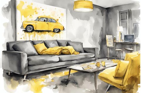 Die Zeichnung eines gelben Autos hängt über einem grauen Sofa