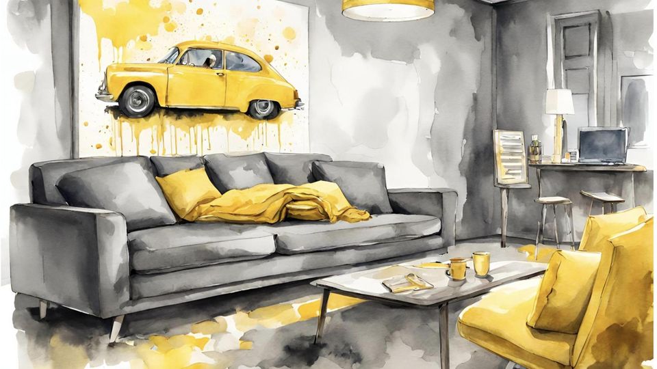 Die Zeichnung eines gelben Autos hängt über einem grauen Sofa