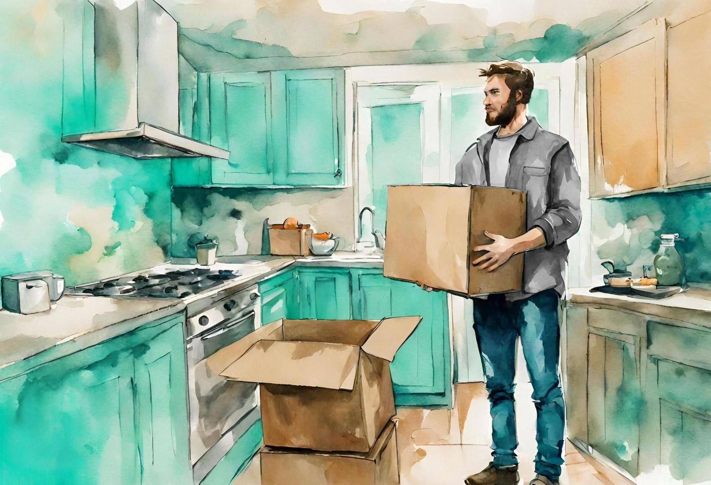 Ein Mann steht in einer Küche und hält einen Umzugskarton