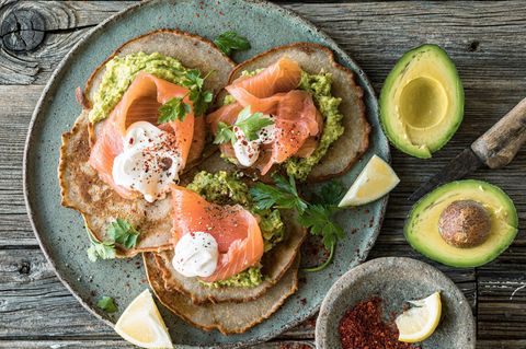 Ein Teller mit Pfannkuchen und Räucherlachs, daneben liegen Avocados