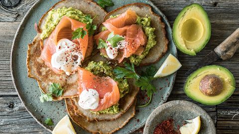 Ein Teller mit Pfannkuchen und Räucherlachs, daneben liegen Avocados