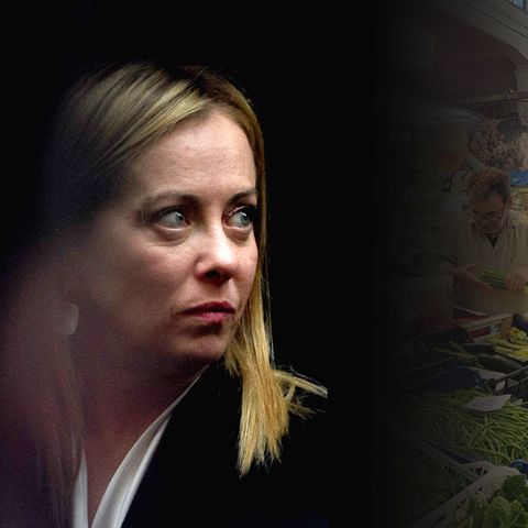 Giorgia Meloni links im Bild im Portrait und rechts zwei Menschen auf einem Markt