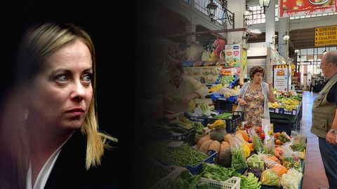 Giorgia Meloni links im Bild im Portrait und rechts zwei Menschen auf einem Markt