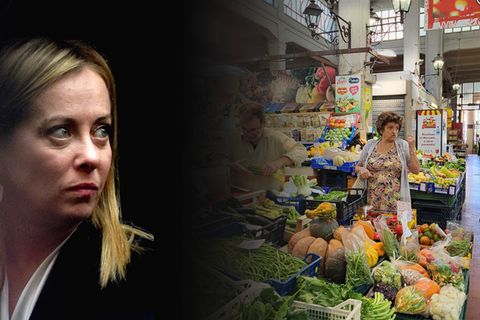 Giorgia Meloni links im Bild im Portrait und rechts zwei Menschen auf einem Markt