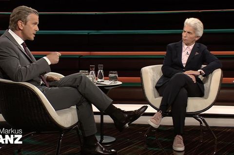 Moderator Markus Lanz und FDP-Politikerin Marie-Agenes Strack-Zimmermann