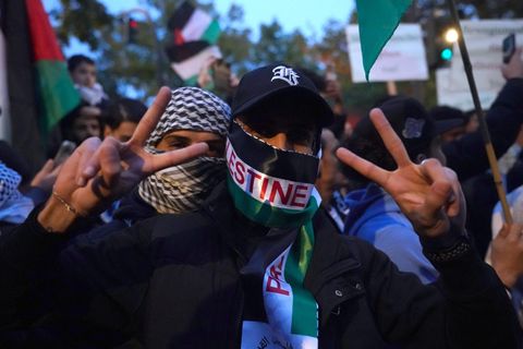 Ein vermummter Teilnehmer einer pro-palästinensischen Demo in Hamburg zeigt mit beiden Händen ein Victory-Zeichen