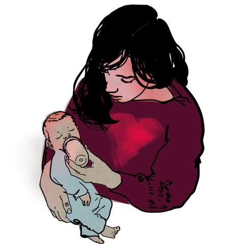 Illustration zeigt eine Mutter mit einem Baby auf dem Arm
