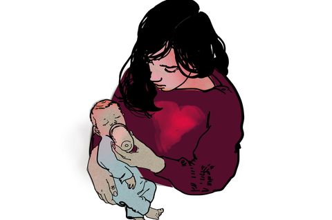 Illustration zeigt eine Mutter mit einem Baby auf dem Arm