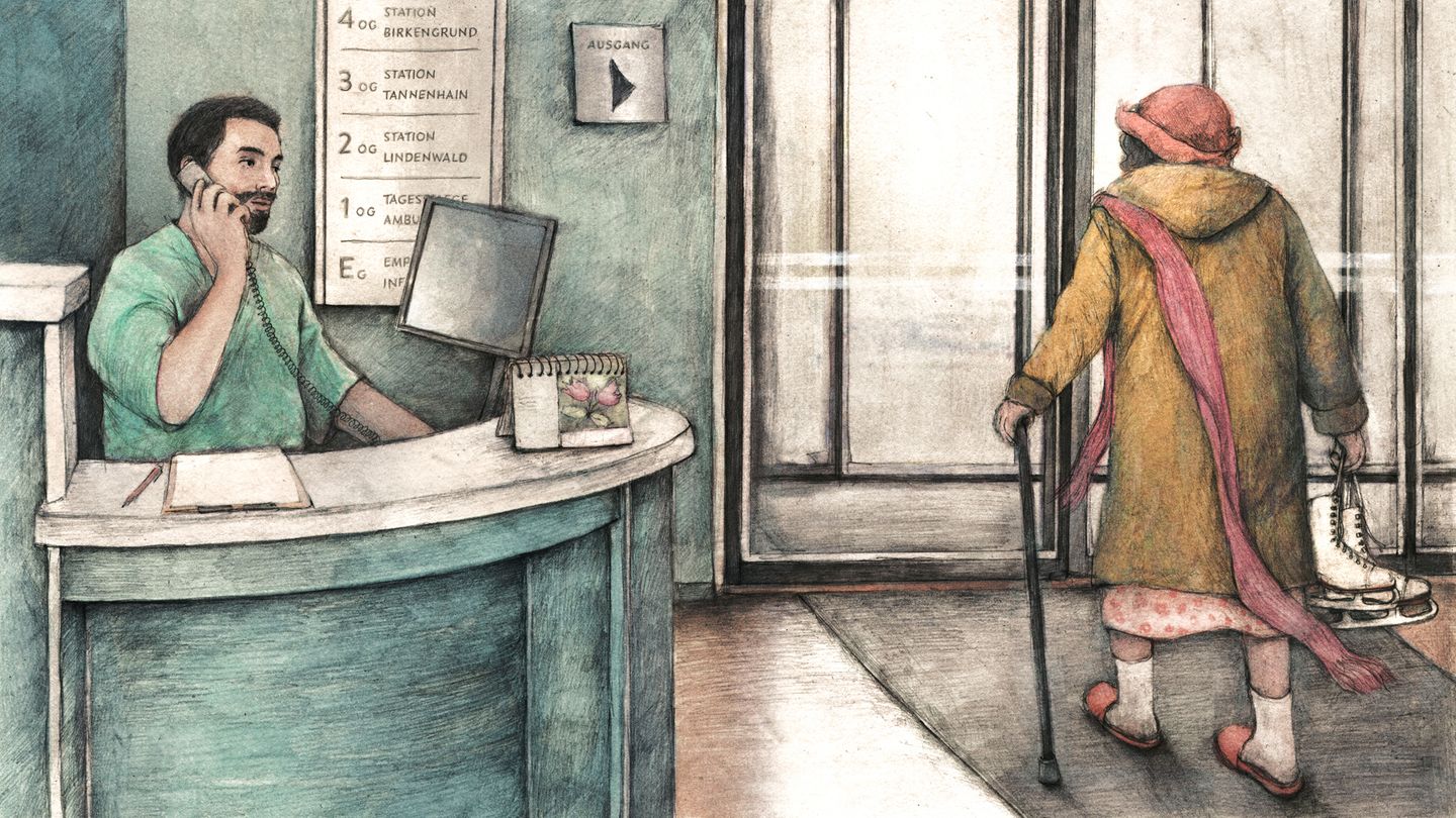 Illustration zeigt eine Bewohnerin einer Demenzstation die sich auf den Weg zum Schlittschuhfahren macht