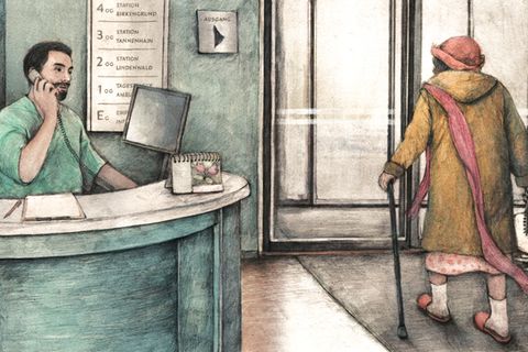 Illustration zeigt eine Bewohnerin einer Demenzstation die sich auf den Weg zum Schlittschuhfahren macht