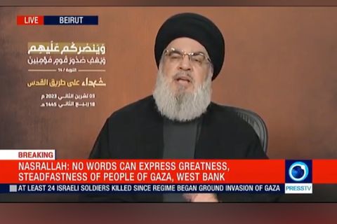 Der Generalsekretär der Hisbollah, Hassan Nasrallah, bei seiner live vom iranischen Staatssender Press TV übertragenen Rede