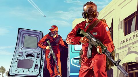 In GTA, kurz für "Grand Theft Auto" (hier ein Werbebild für Teil 5), rauben Spieler jede Menge Geld und Autos.