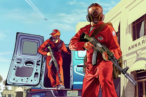 In GTA, kurz für "Grand Theft Auto" (hier ein Werbebild für Teil 5), rauben Spieler jede Menge Geld und Autos.