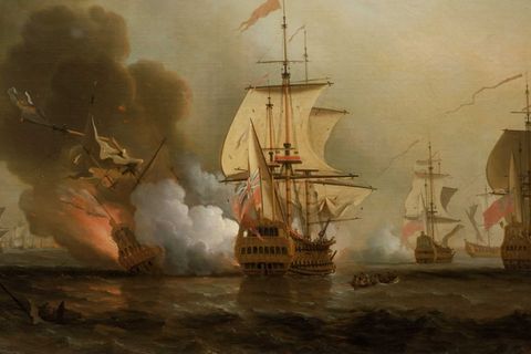 Das Gemälde von Samuel Scott zeigt die Explosion der San José.