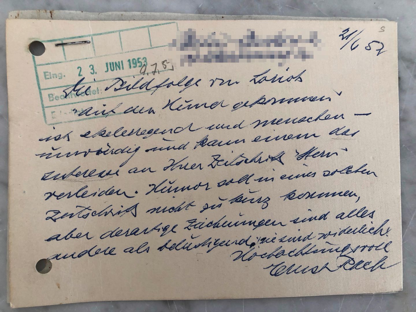 Leserbrief von 1957