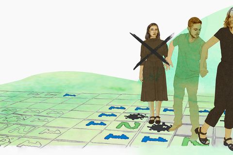 Illustration zeigt drei Menschen der Mann in der Mitte wird von einer Frau gezogen