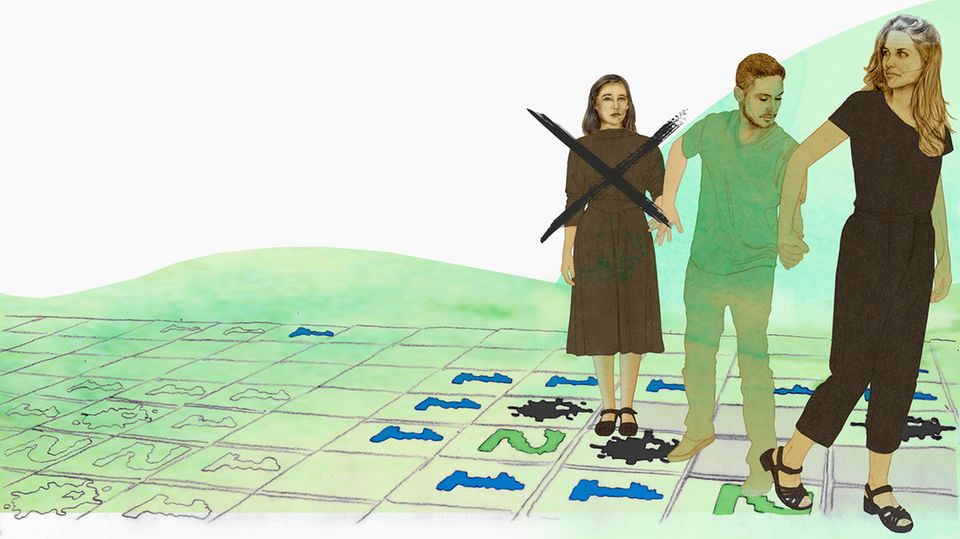 Illustration zeigt drei Menschen der Mann in der Mitte wird von einer Frau gezogen