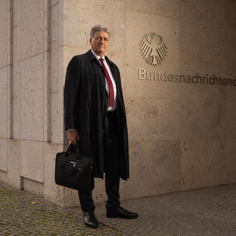 Gerhard Conrad stands in front of the Federal Intelligence Service building