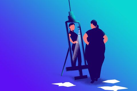 Illustration eine Frau steht vor dem Spiegel und sieht sich dort als Spiegelbild dünner