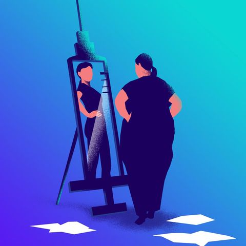 Illustration of a woman standing in front of the mirror and seeing herself thinner as a reflection