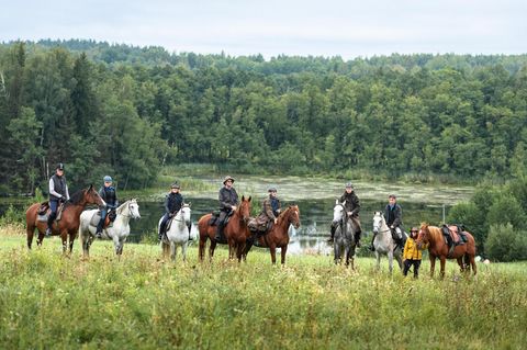 Eine Gruppe von Reitern mit Pferden steht vor einem See, dahinter ein Wald