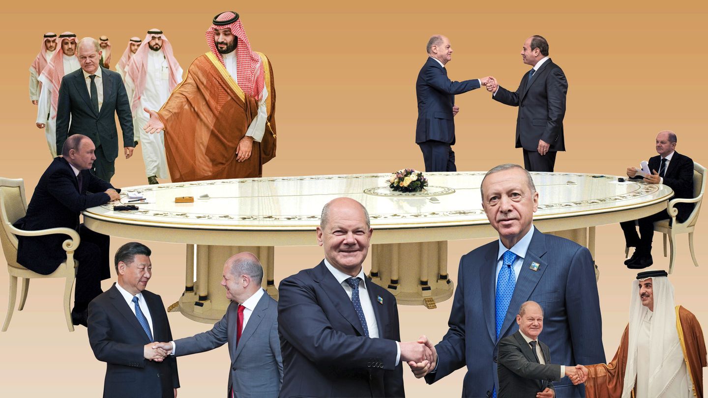 Illustration mit Olaf Scholz und verschiedenen Autokraten