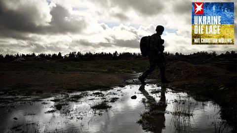 Ein ukrainischer Soldat marschiert durch eine Moorlandschaft unter bewölktem Himmel