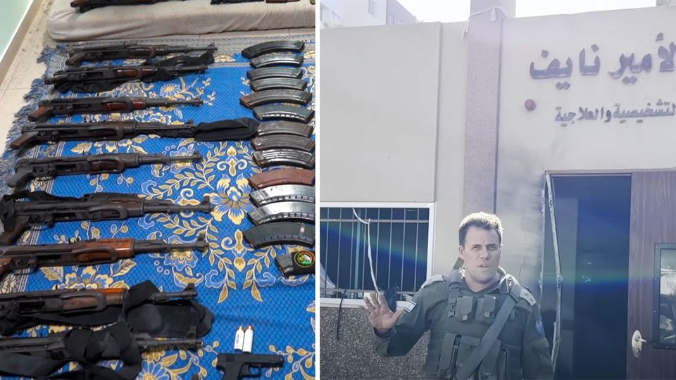 Aufnahme von Waffen, die Soldaten um IDF-Oberstleutnant Jonathan Conricus im Schifa-Krankenhaus gemacht haben wollen