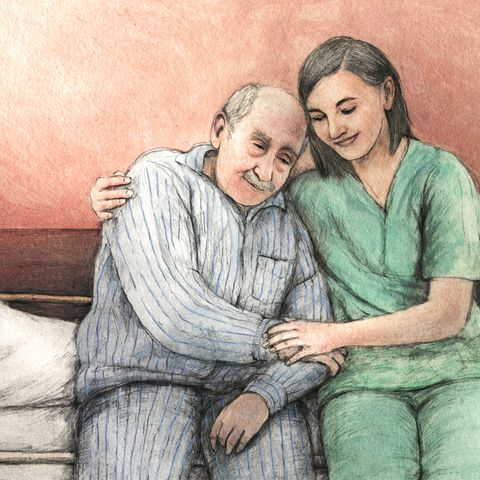 Die Illustration zeigt eine Pflegerin und einen Patienten in einer Umarmung