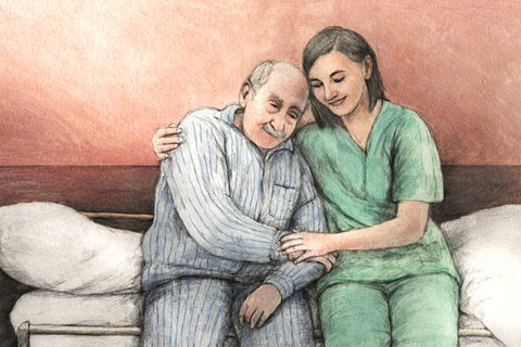 Die Illustration zeigt eine Pflegerin und einen Patienten in einer Umarmung