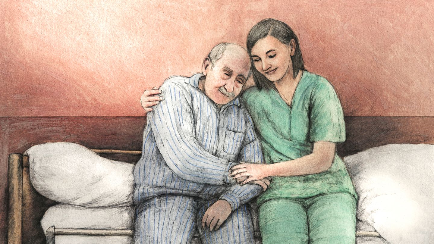 Demenzstation Kolumne Umarmung Die Illustration zeigt eine Pflegerin und einen Patienten in einer Umarmung
