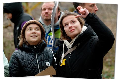 Die Klimaaktivistinnen Luisa Neubauer und Greta Thunberg stehen im von Klimaaktivisten besetzten Braunkohleort Lützerath