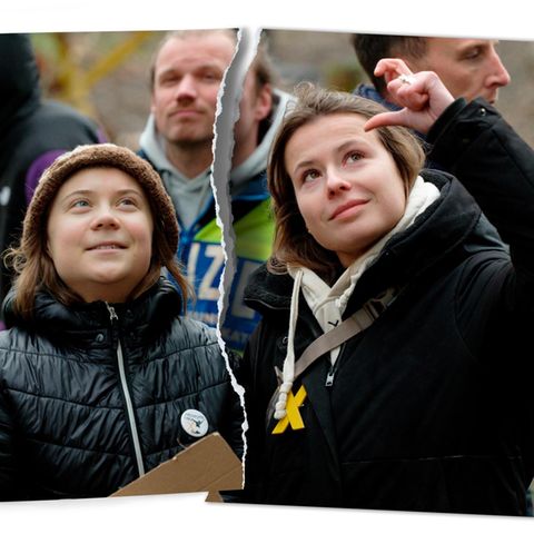 Die Klimaaktivistinnen Luisa Neubauer und Greta Thunberg stehen im von Klimaaktivisten besetzten Braunkohleort Lützerath