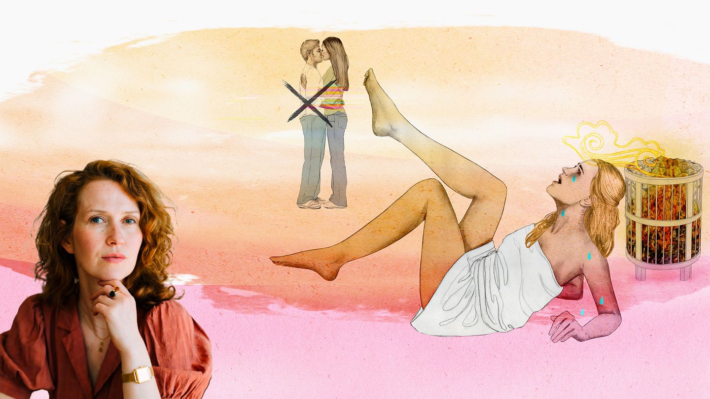 Katja Lewina, eine Frau mit Locken, im Vordergrund, im Hintergrund eine Illustration, die eine Frau in der Sauna zeigt.