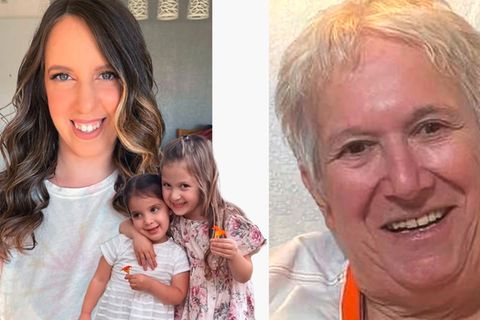 Mutter Doron Asher mit ihren beiden sich umarmenden Töchtern Raz und Aviv, 4, und 3. Daneben die 77 Jahre alte Margalit Moses