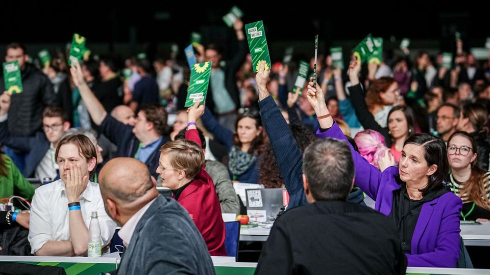 Parteichef Nouripour und Wirtschaftsminister Habeck beobachten das Abstimmungsverhalten. Parteichef Nouripour und Wirtschaftsminister Habeck beobachten das Abstimmungsverhalten.