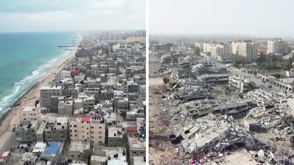 Vorher-Nachher-Bilder: Gazastreifen: Drohnenaufnahmen zeigen Ausmaß der Zerstörung