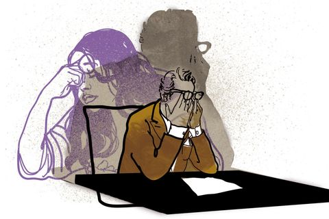 Illustration eines Mannes am Schreibtisch, im Hintergrund die Umrisse eines Mädchens